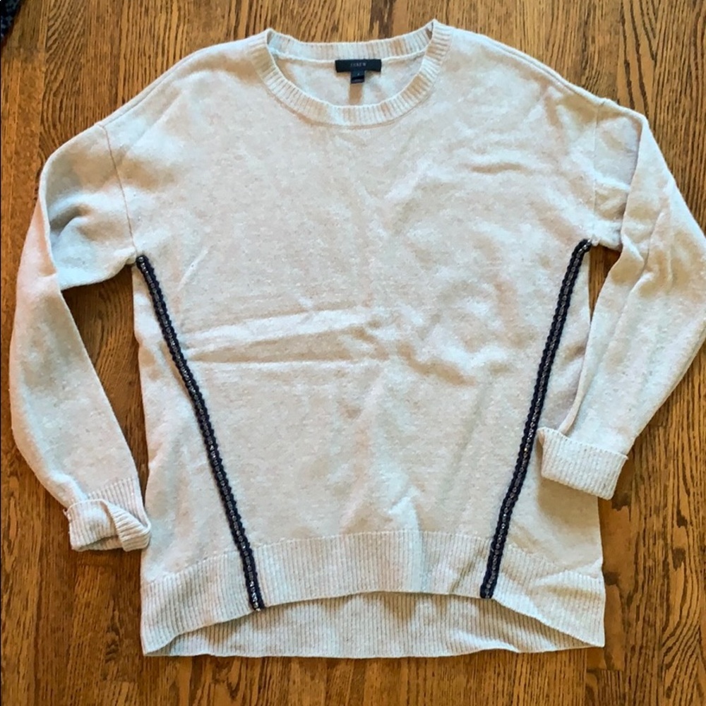 Beige J Crew Wool Sweater w Embellished Stripe - S